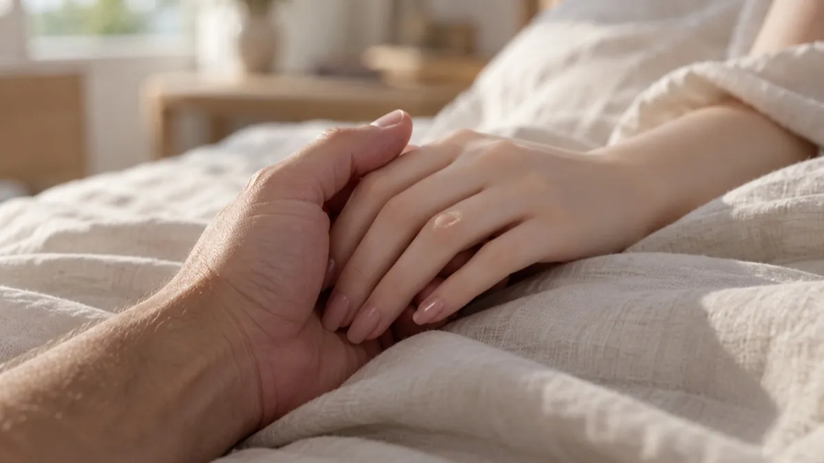 A person's hand gently holding the painted hand of a silicone doll on ivory linen