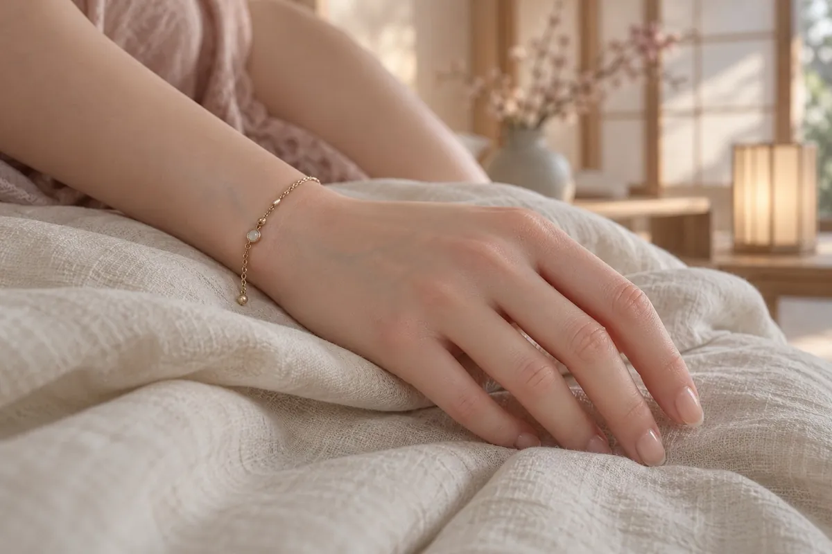 Macro of a silicone doll's forearm and hand resting on ivory linen, showing painted skin detail