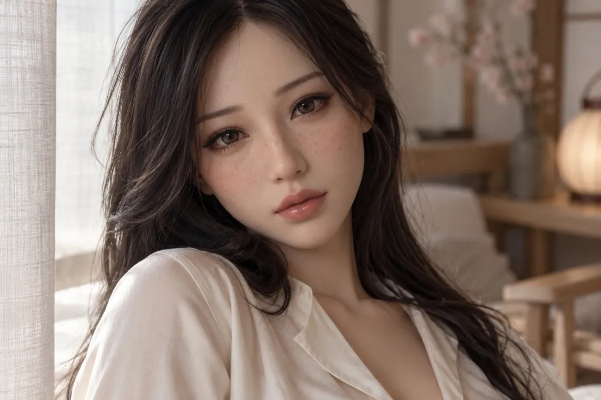 Close portrait of a silicone doll with finely painted skin and freckles in a cream silk blouse